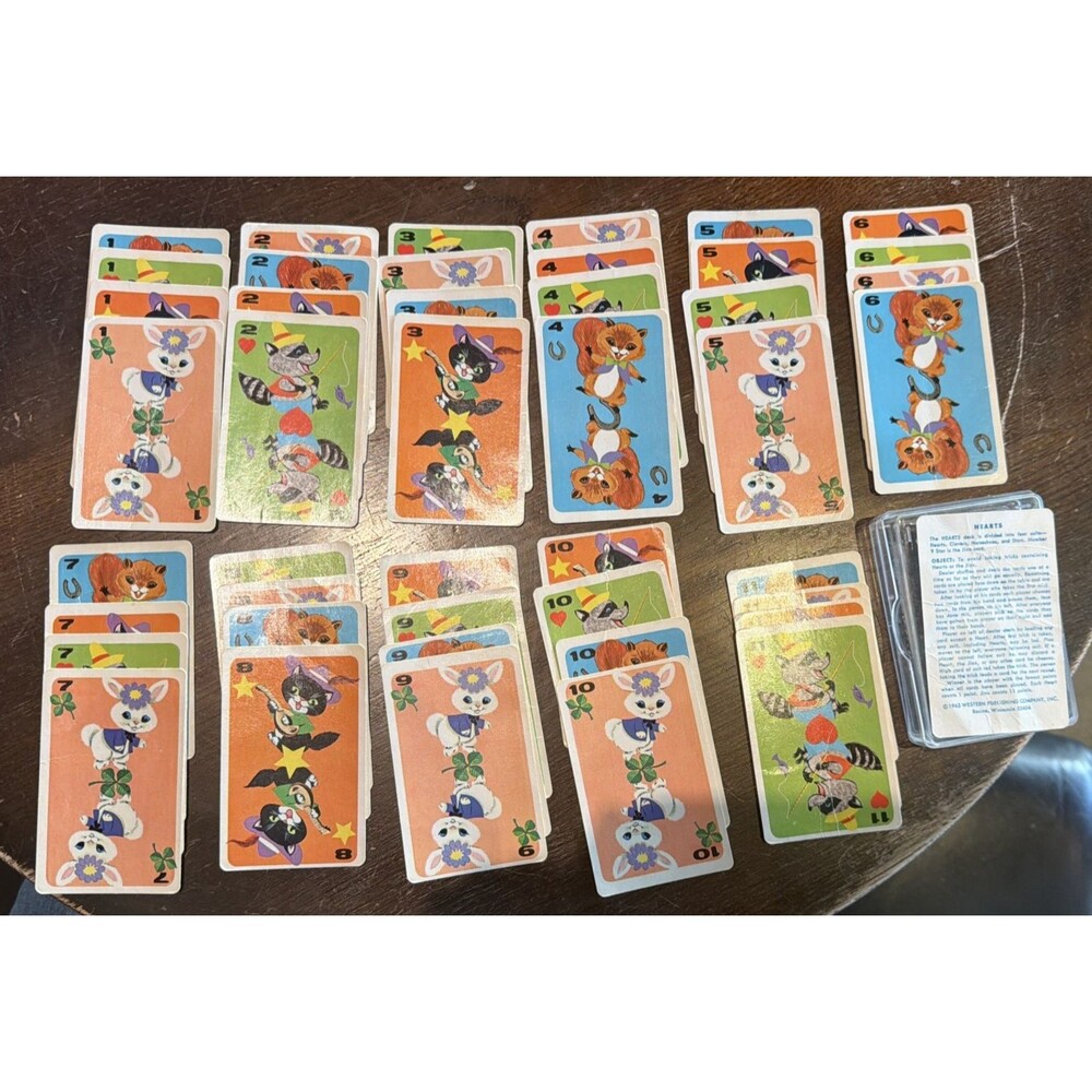Vtg Whitman HEARTS CARD GAME 1960s Playing Cards Case blue animals complete